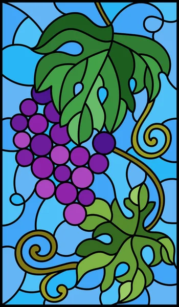 L'illustration en peinture de style vitrail avec un bouquet de raisins rouges et feuilles sur un fond de ciel — Image vectorielle