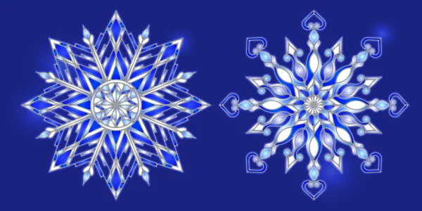 Schneeflocken im Glasmalereistil, leichte Schneeflocken auf blauem Hintergrund — Stockvektor