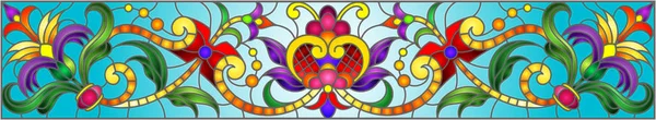 Ілюстрація у вітражному стилі з абстрактними гойдалками, квітами та листям на синьому фоні, горизонтальна орієнтація — стоковий вектор