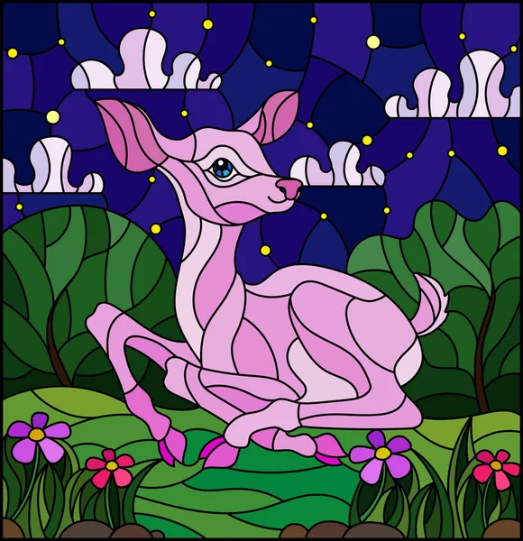 Illustration i färgat glas stil med en abstrakt rosa fawn på bakgrunden av gröna ängar, blommor och grumlig natthimmel — Stock vektor