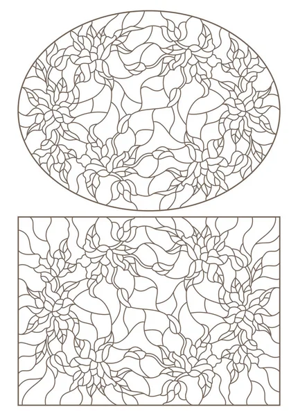 Conjunto de ilustraciones de contorno de vidrieras con flores, imagen ovalada y rectangular en el marco, contornos oscuros sobre fondo blanco — Archivo Imágenes Vectoriales