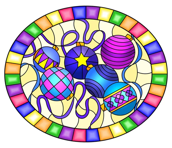 Illustration dans le style vitrail avec la nature morte de jouets de nouvelle année et serpentine, image ovale dans le cadre — Image vectorielle