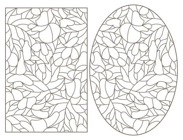 Série d'illustrations de contours de vitraux avec des feuilles d'érable, contours sombres sur fond clair — Image vectorielle