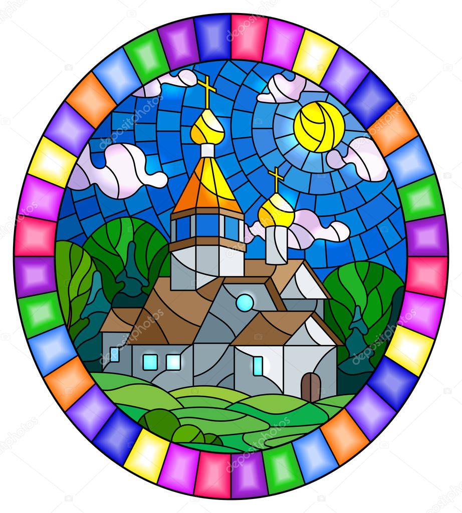Illustration in stained glass style with Church on the background of summer landscape, a Church on the background of the Sunny sky and green trees, oval image in bright frame 