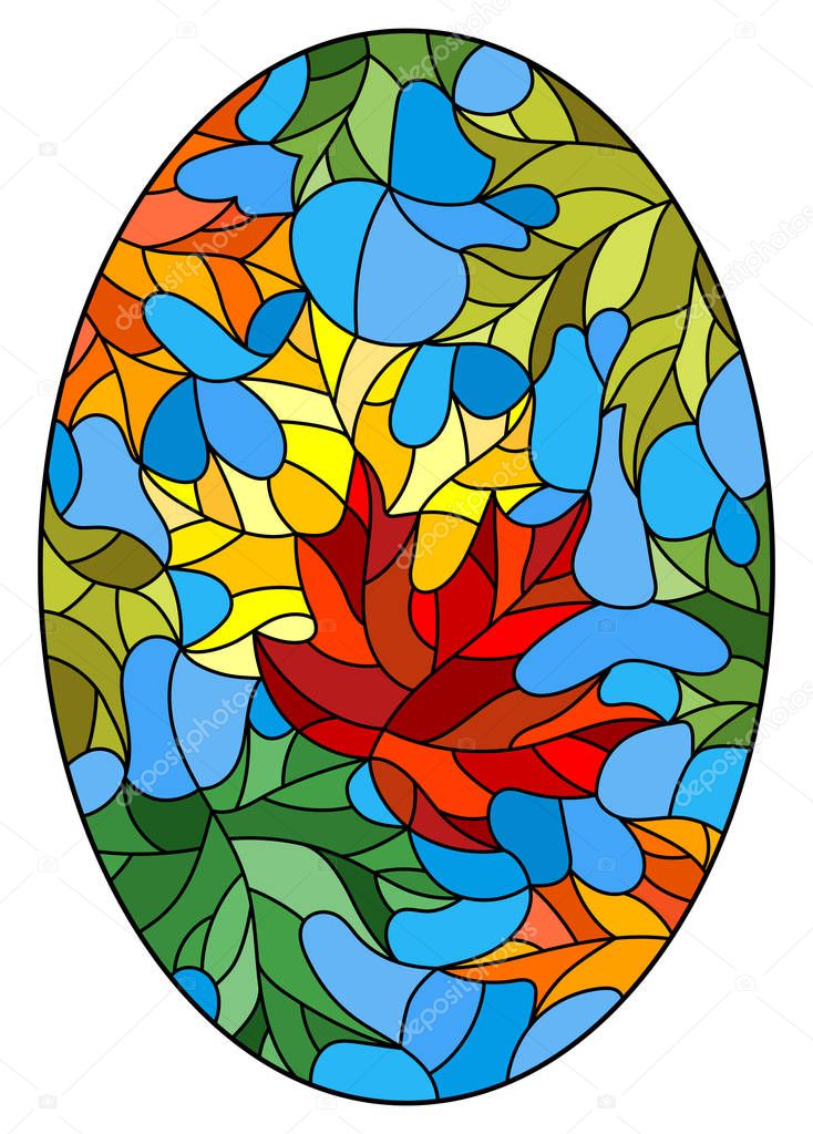 Illustration in stained glass style with colorful maple leaves  trees on a blue background, oval image