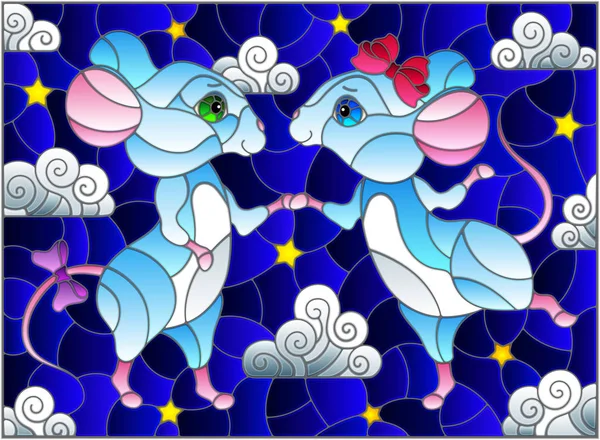 Ilustración en estilo vitral con un par de ratones danzantes en el fondo del cielo estrellado y nubes — Archivo Imágenes Vectoriales