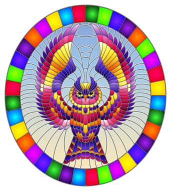 Gökyüzünde uçan soyut parlak baykuş figürlü boyalı cam resim, parlak çerçeveli oval resim