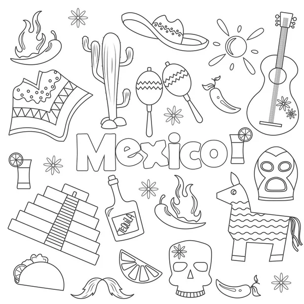 Ilustración con un conjunto de iconos sobre el tema de viajar en México, simples iconos dibujados a mano oscura sobre fondo blanco — Vector de stock