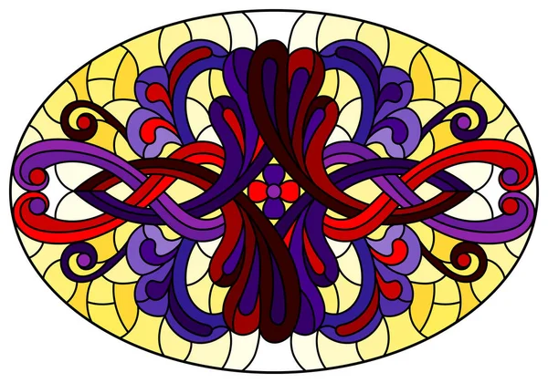 Illustration im Buntglasstil mit abstrakten Wirbeln, Blumen und Blättern auf gelbem Hintergrund, horizontale Ausrichtung, ovales Bild — Stockvektor