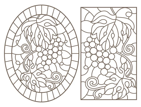 Set illustrazioni contorno di vetro colorato con uva e foglie di uva, contorno nero su sfondo bianco — Vettoriale Stock