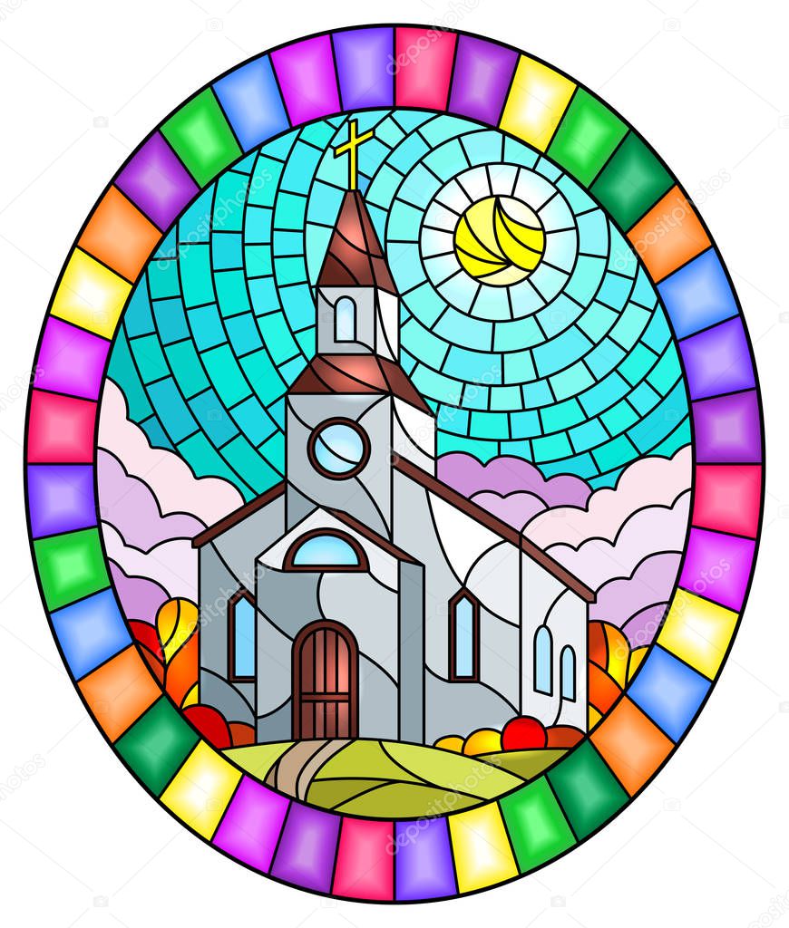 Illustration in stained glass style with Church on the background of autum landscape, a Church on the background of the Sunny sky and green trees, oval image in bright frame 