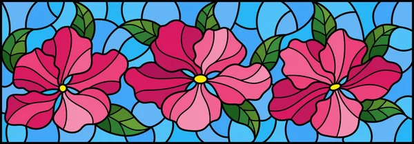 Llustratie in glas-in-lood stijl met bloemen, bladeren en knoppen van roze bloemen op een blauwe achtergrond — Stockvector