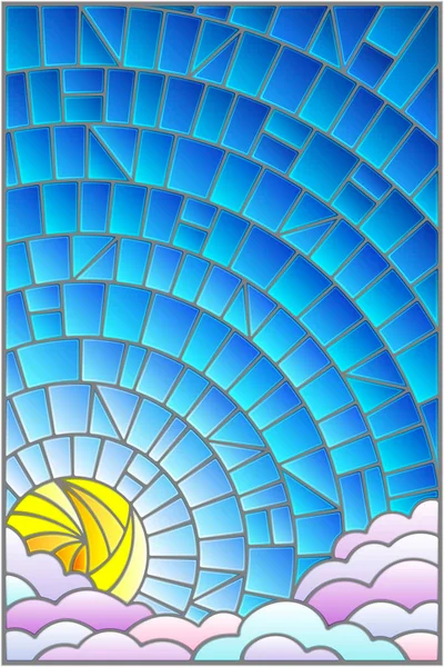 Illustration im Glasmalerei-Stil Sonne und Wolken auf blauem Himmel Hintergrund — Stockvektor