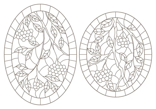 Un ensemble d'illustrations de contours de vitraux avec branches, feuilles et baies de Rowan, contours sombres sur fond blanc, images ovales — Image vectorielle