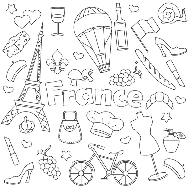 Ікони на тему подорожі по Франції, прості контурні ікони, темний контур на світлому фоні. — стоковий вектор