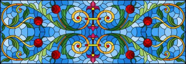 Mavi arka planda soyut girdaplar, çiçekler ve yapraklar ile boyalı cam tarzında resim, yatay yönelim