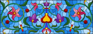 Mavi arka planda soyut girdaplar, çiçekler ve yapraklar ile boyalı cam tarzında resim, yatay yönelim