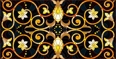 Çiçek süsleme stiliyle vitray, imitasyon altın swirls ve bitkisel motifler ile koyu arka plan üzerinde resimde