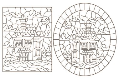 Bir kış manzarası, beyaz zemin üzerine koyu kontür arka planda Windows ile köy evleri vitray kontur çizimleri ayarla