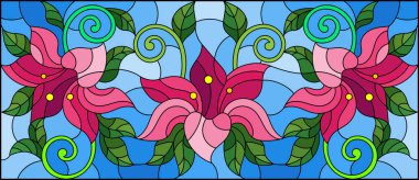 llustration çiçekler, yapraklar ve mavi bir arka plan üzerinde pembe lilyum tomurcukları ile vitray tarzında