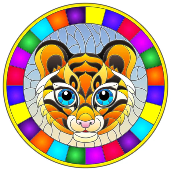 L'illustration en peinture de style vitrail avec une tête de tigre, une image circulaire avec un cadre lumineux — Image vectorielle