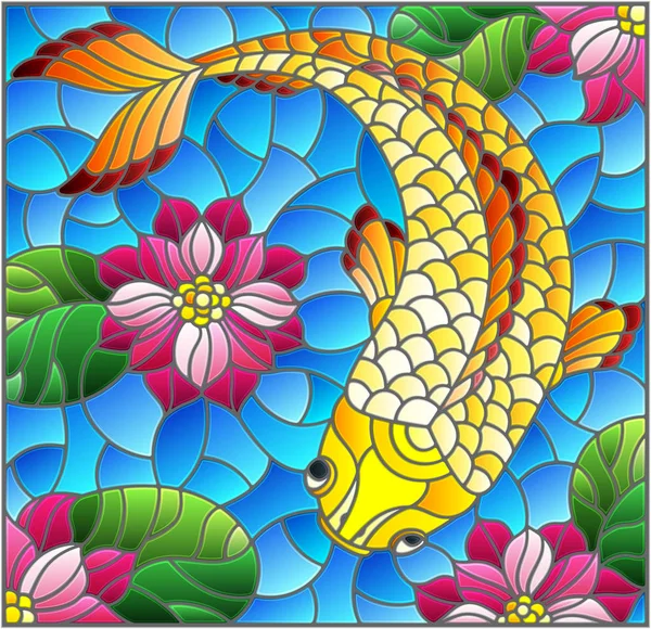 Ilustrasi dalam gaya kaca patri dengan ikan mas di latar belakang teratai merah muda dan air - Stok Vektor