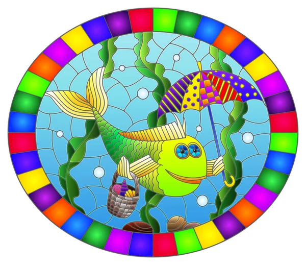 Illustration in stained glass style with cartoon funny fish under an umbrella on the background of the seabed and algae, oval image in bright frame — Stock Vector