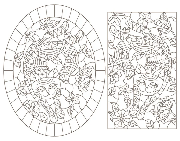 Набір контурних ілюстрацій вітражів на фоні квітів, темні контури на білому тлі — стоковий вектор