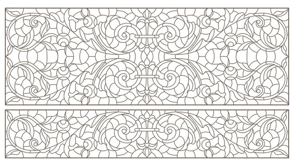 Conjunto de ilustraciones de contorno de vidrieras con remolinos abstractos y flores, orientación horizontal — Vector de stock