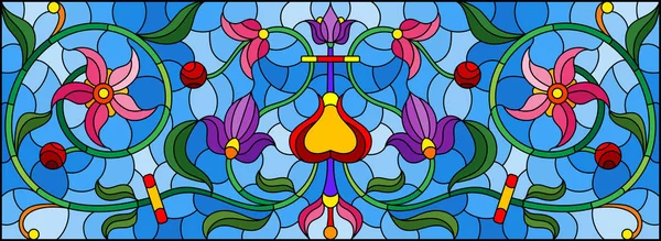 Ilustración en estilo vitral con remolinos abstractos, flores y hojas sobre fondo azul, orientación horizontal — Vector de stock