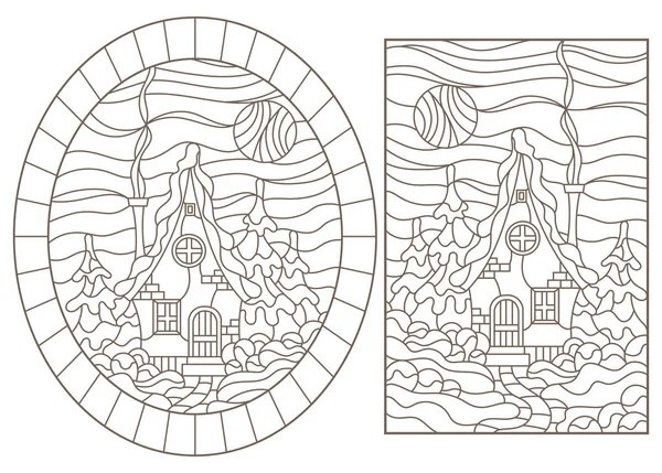 Defina ilustrações de contorno dos vitrais Janelas com as casas da aldeia no fundo de uma paisagem de inverno, contornos escuros no fundo branco — Vetor de Stock