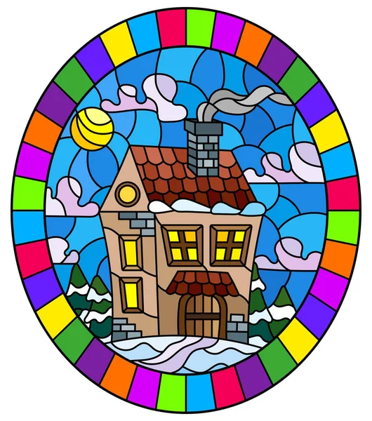 Ilustração em paisagem de inverno de estilo vintage, casa de aldeia e abetos em um fundo de neve, céu e sol, imagem oval em armação brilhante — Vetor de Stock