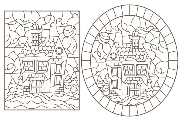 Defina ilustrações de contorno dos vitrais Janelas com as casas da aldeia no fundo de uma paisagem de inverno, contornos escuros no fundo branco — Vetor de Stock