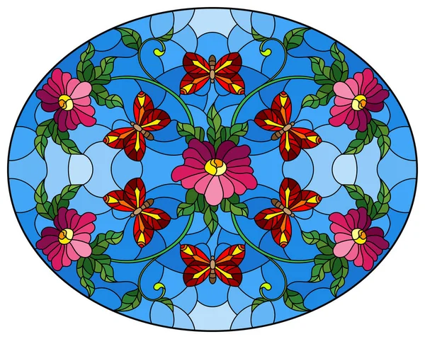 抽象的な中ピンクの花と青の背景に赤い蝶とステンドグラスのスタイルでイラスト、楕円形の画像 — ストックベクタ