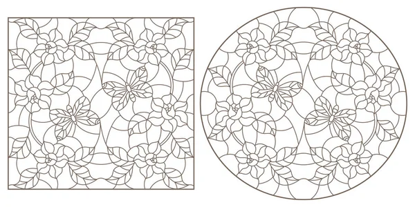 Ensemble d'illustrations de contour de vitraux avec des fleurs et des papillons, contour darrk sur fond blanc — Image vectorielle