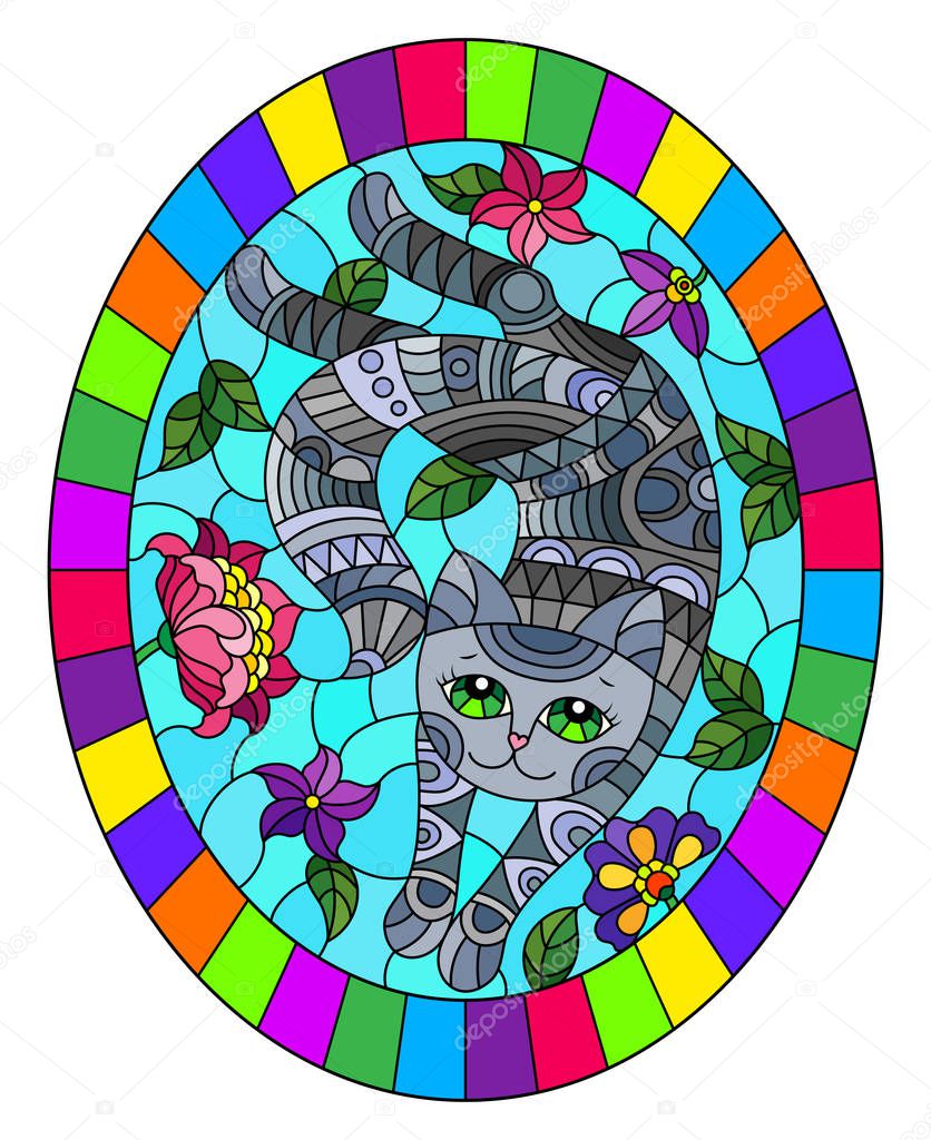 Illustration in stained glass style with a   cute grey cat on a background of meadows and  bright flowers ,oval image in bright frame
