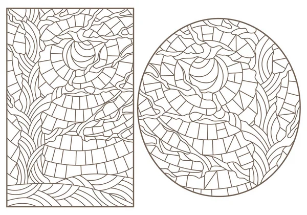 Conjunto de ilustraciones de contorno de vidrieras con la imagen de los árboles, contornos oscuros sobre fondo blanco — Vector de stock