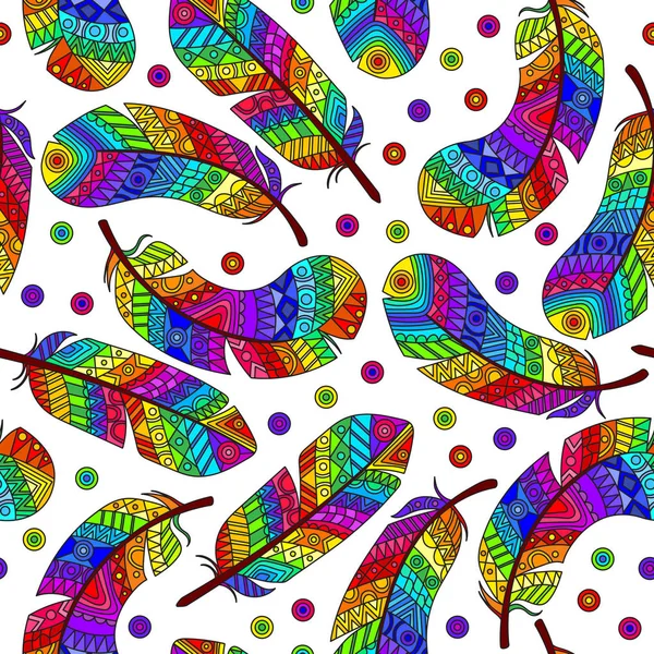 Patrón sin costuras con plumas abstractas de arco iris brillante sobre fondo blanco — Archivo Imágenes Vectoriales