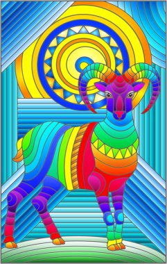 Mavi arka plan üzerinde soyut geometrik gökkuşağı koç ile vitray tarzı İllüstrasyon 