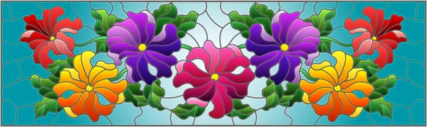 彩色玻璃风格的插图，花卉布置，五颜六色的花朵和蓝色背景上的叶子 — 图库矢量图片