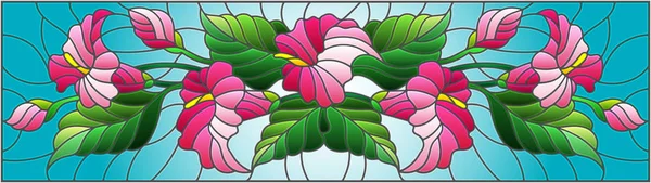 Illustration dans un style vitrail avec un arrangement floral de fleurs de Calla, Calla rose et feuilles sur un fond bleu — Image vectorielle