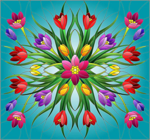Illustration en vitrail avec arrangement floral, Crocus colorés sur fond bleu — Image vectorielle