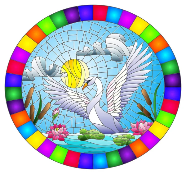 Ilustração em estilo vitral com cisne, flores de lótus e juncos em uma lagoa ao sol, céu e nuvens, imagem oval em quadro brilhante — Vetor de Stock