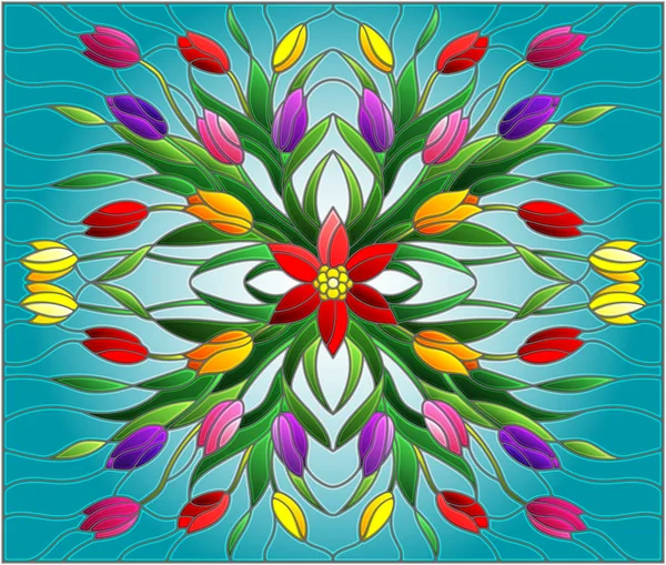 Illustration en vitrail avec arrangement floral, tulipes colorées sur fond bleu — Image vectorielle