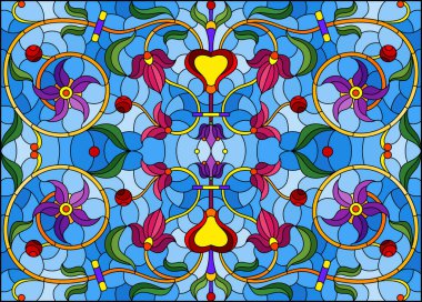 Mavi arka planda soyut girdaplar, çiçekler ve yapraklar ile boyalı cam tarzında resim, yatay yönelim