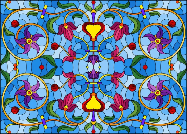 带有抽象旋涡的彩色玻璃样式的图解，蓝色背景上的花朵和叶子，水平方向 — 图库矢量图片