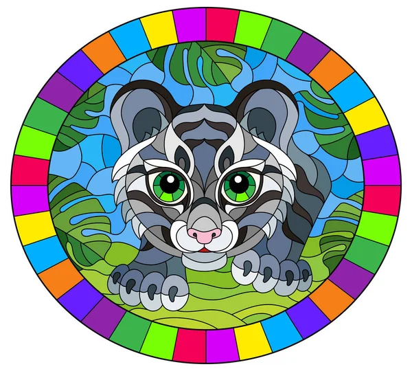 Illustration en vitrail avec bébé tigre à la chasse, animal sur fond de feuilles tropicales, image ovale dans un cadre lumineux — Image vectorielle