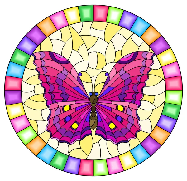 黄色の背景に明るいピンクの蝶とステンドグラスのスタイルでイラスト,明るいフレームで楕円形の画像 — ストックベクタ