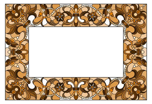 Ilustración en marco de flores estilo vitral, flores y hojas en marco, tono marrón, sepia — Vector de stock