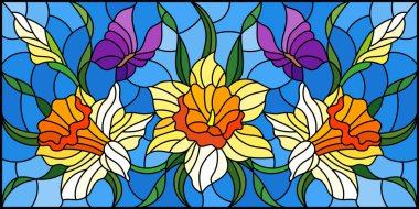 Mavi arka planda sarı nergis buketi ve mor kelebek desenli vitraylı bir resim.